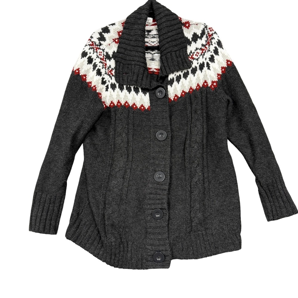 Dressbarn Cardigan Sweater Womens 2X Gray Fair Isle Shawl Collar Button Front